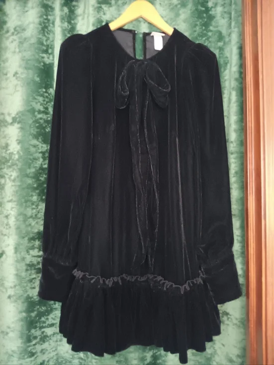 The Vampire’s Wife x H&M Black Velvet Bow Mini Dress M Long Sleeve Ruffle - Picture 2 of 7